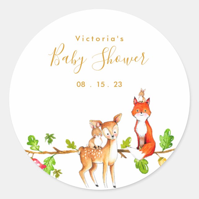 Gold Woodland Baby Dusche Runder Aufkleber (Vorderseite)
