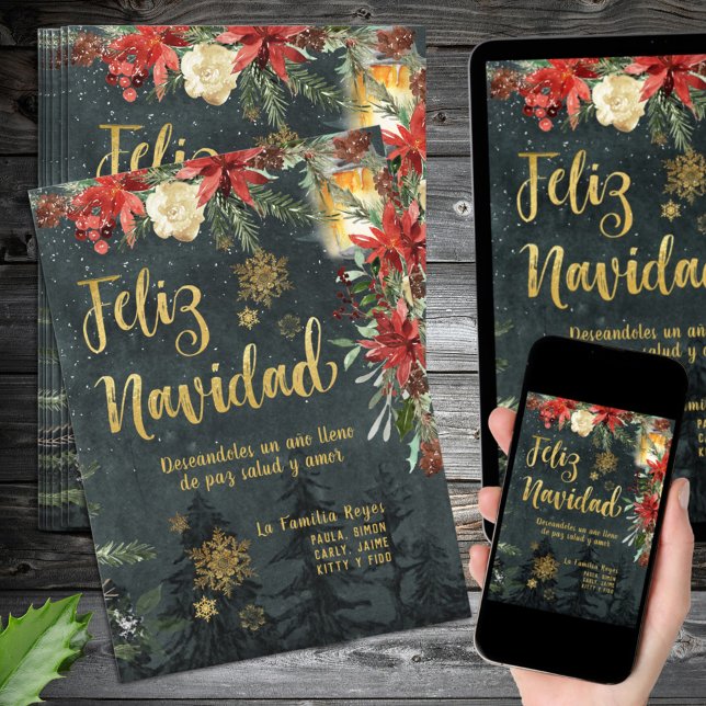 Gold Woodland Spanish Feliz Navidad Weihnachtskart Einladung (Gold Woodland Spanish Feliz Navidad Christmas Card. Edit the text to make this an invitation.)
