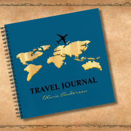 Gold World Map & Airplane, Travel Journal, Custom Notizbuch