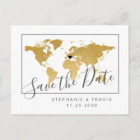 Gold World Map Minimal Save the Date Postkarte
