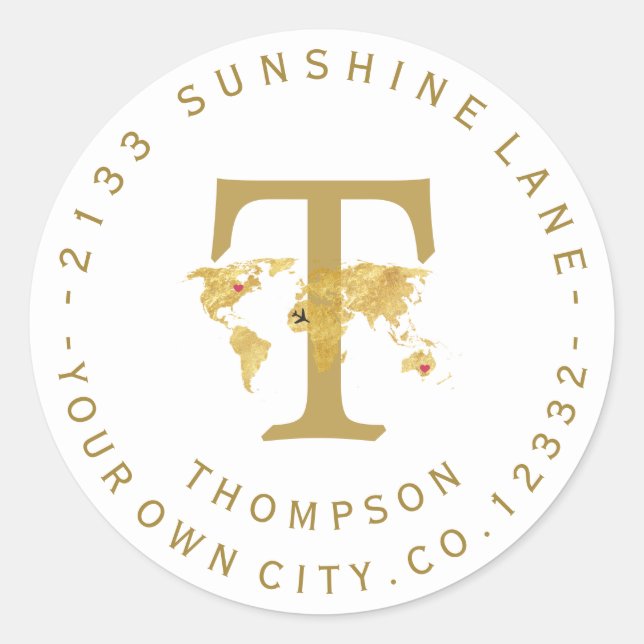 Gold World Map Monogram Circuit Address Label Runder Aufkleber (Vorderseite)