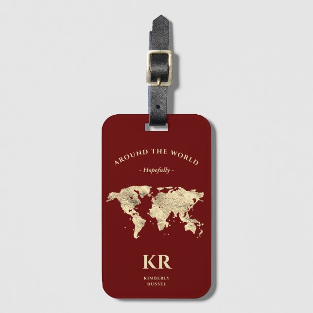 Gold World Map Monogram Traveller Terracotta Gepäckanhänger (Vorderseite Vertikal)