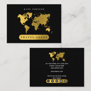 Gold World Map Travel Agent Social Media Icons Visitenkarte