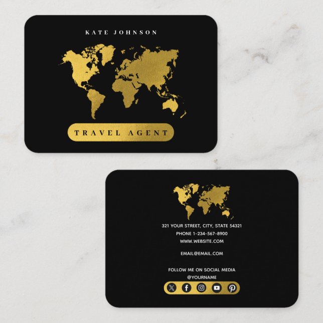 Gold World Map Travel Agent Social Media Icons Visitenkarte (Vorne/Hinten)