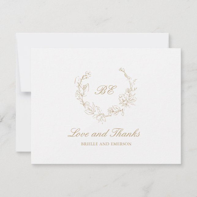 Gold Wreath Monogram Foto Elegante Hochzeit Dankeskarte (Vorderseite)