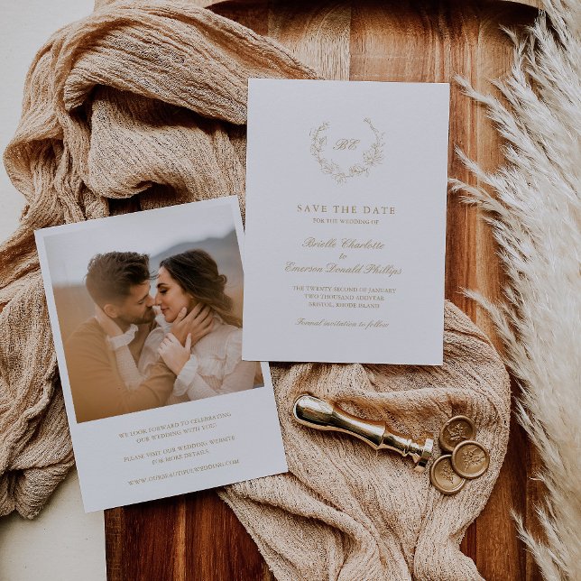 Gold Wreath Monogram Foto Elegante Hochzeit Save The Date (Von Creator hochgeladen)