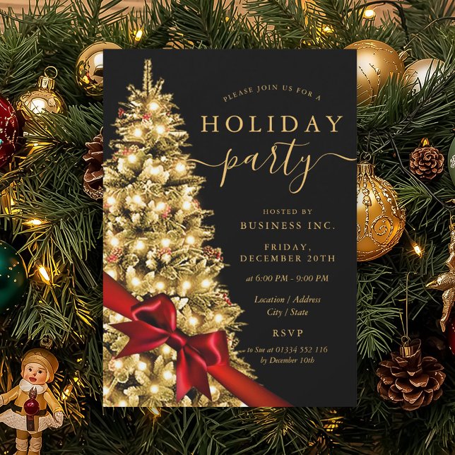 Gold Xmas Tree Red Bow Corporate Holiday Party  Einladung (Gold Xmas Tree Red Bow Corporate Holiday Party Invitation)