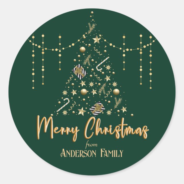 Gold Xmas Tree Smarald Green Frohe Weihnachten Runder Aufkleber (Vorderseite)