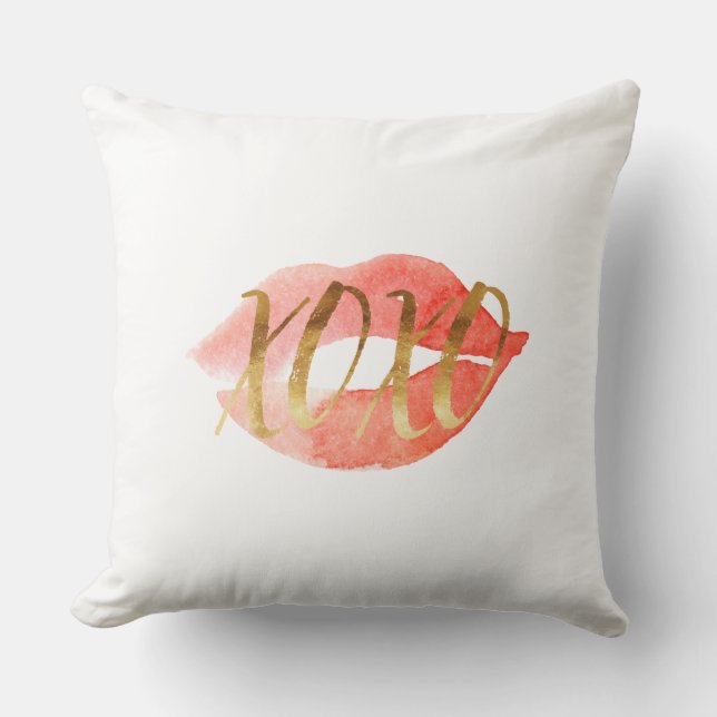 Gold XOXO Wasserfarben Lippen Kissen (Vorderseite)