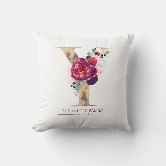 Gold Y Monogram Floral Burgund Red Kissen (Vorderseite)