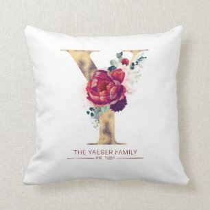 Gold Y Monogram Floral Burgund Red Kissen