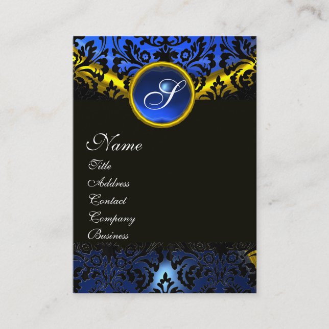 GOLD YELLOW BLACK BLUE SAPPHIRE DAMASK MONOGRAMM VISITENKARTE (Vorderseite)