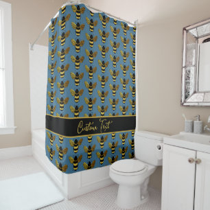 GOLD YELLOW BLACK BUMBLEBEE PATTERN TEXT BEUE DUSCHVORHANG