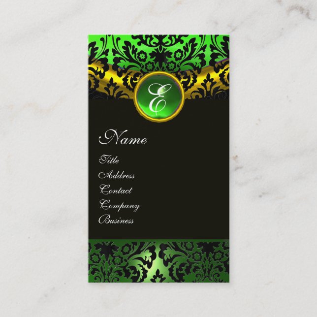 GOLD YELLOW BLACK GREEN EMERALD DAMASK MONOGRAMM VISITENKARTE (Vorderseite)