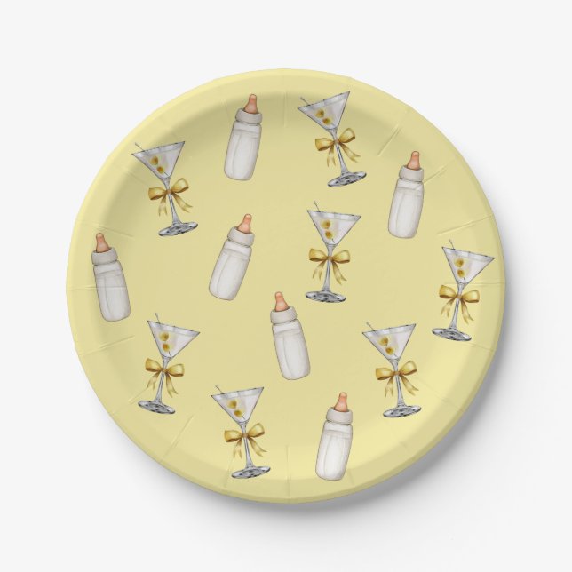 Gold Yellow Bow Martinis Babyflaschen Babydusche Pappteller (Vorderseite)