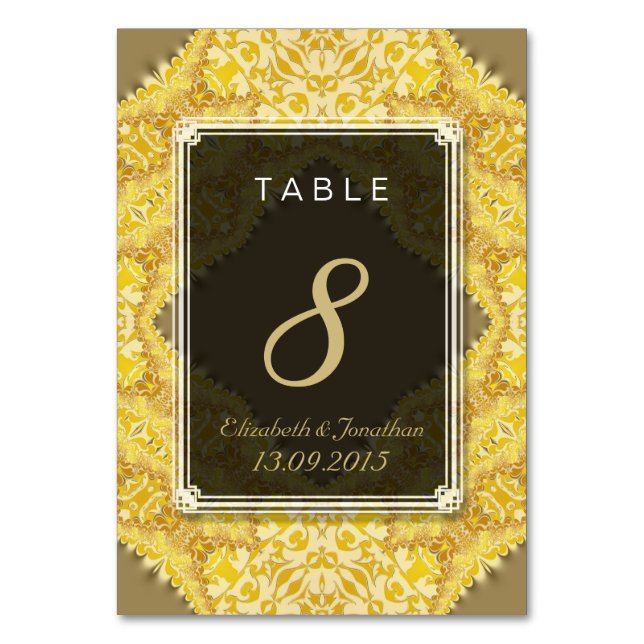 Gold Yellow Damask Hochzeitskarte Tischnummer (Vorderseite)