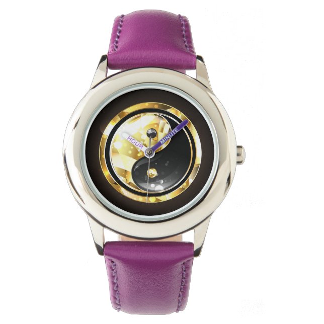 Gold Yin Yang auf schwarz Armbanduhr (Vorderseite)