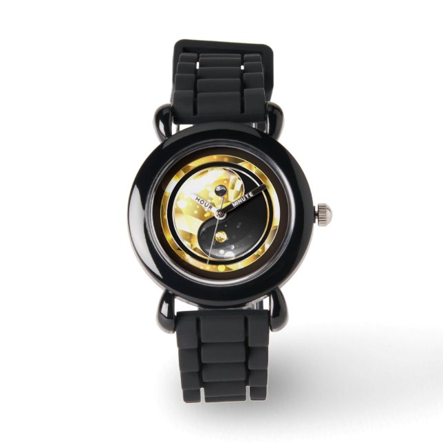 Gold Yin Yang auf schwarz Armbanduhr (Vorderseite)