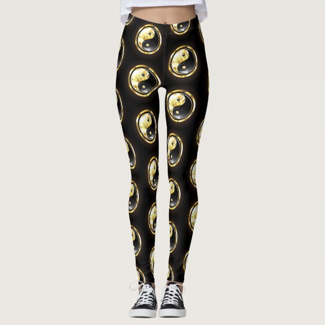 Gold Yin Yang auf schwarz Leggings (Vorderseite)
