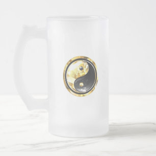 Gold Yin Yang auf schwarz Mattglas Bierglas