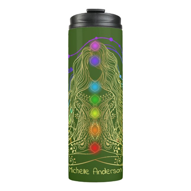 Gold Yoga Girl mit farbenprächtiger Chakra Thermosbecher (Vorderseite)