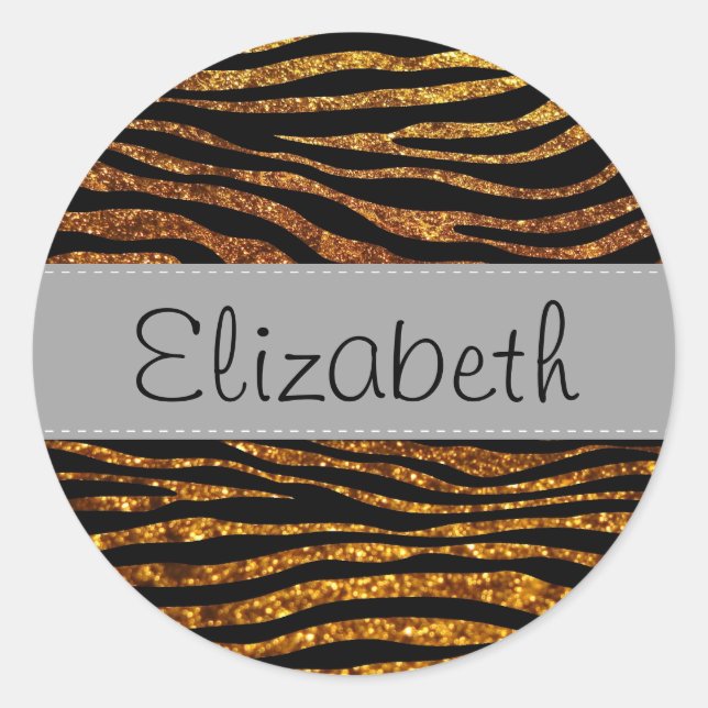 Gold Zebra, Glitter Zebra, Zebra Print, Your Name Runder Aufkleber (Vorderseite)