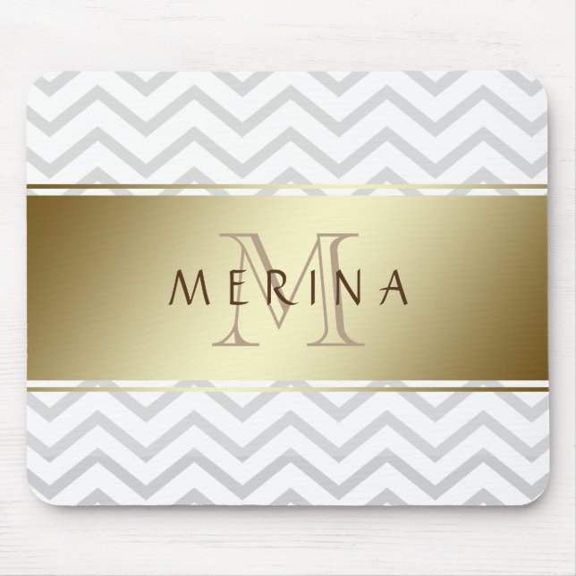 Gold Zickzack Grau Muster Monogram personalisieren Mousepad (Vorne)