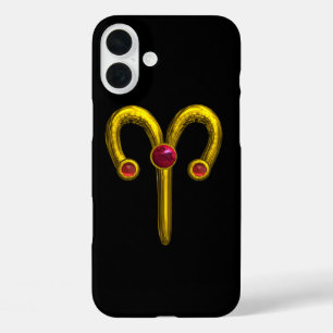 GOLD ZODIAC SIGN ARIES, Red Ruby Black iPhone 16 Plus Hülle