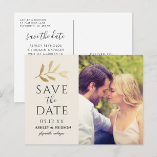Gold Zweig Hochzeitsfoto Save the Date Creme Ankündigungspostkarte