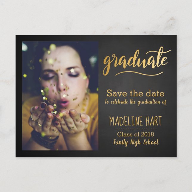 Goldabschluss | Chalkboard-Save the Date Foto Ankündigungspostkarte (Vorderseite)