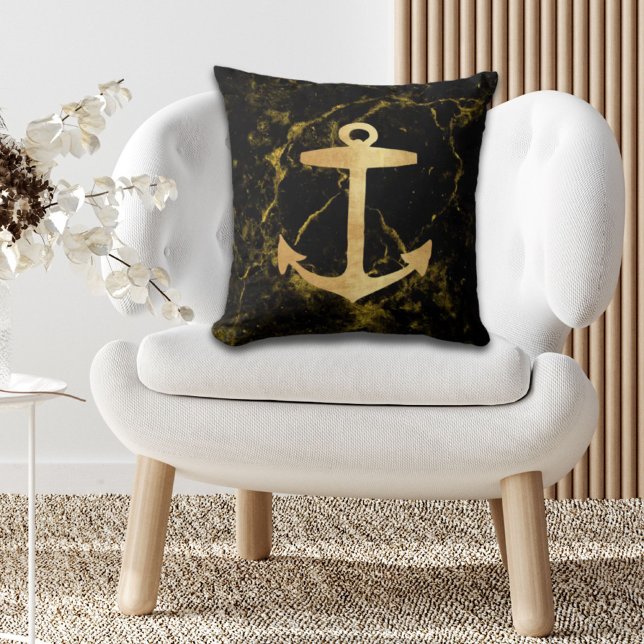 Goldanker aus schwarzem Marmor mit minimalistische Kissen (beach minimalist chic gold anchor black marble throw pillow)
