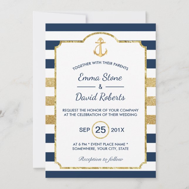 Goldanker-Hochzeit der Navy & Gold Stripes Einladung (Vorderseite)