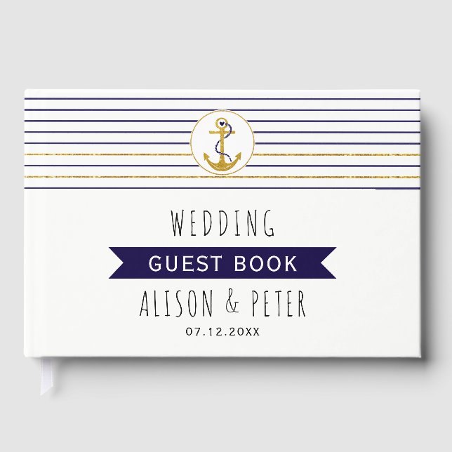 Goldanker Streifen nautische Hochzeitstorch Gästebuch (Vorderseite)