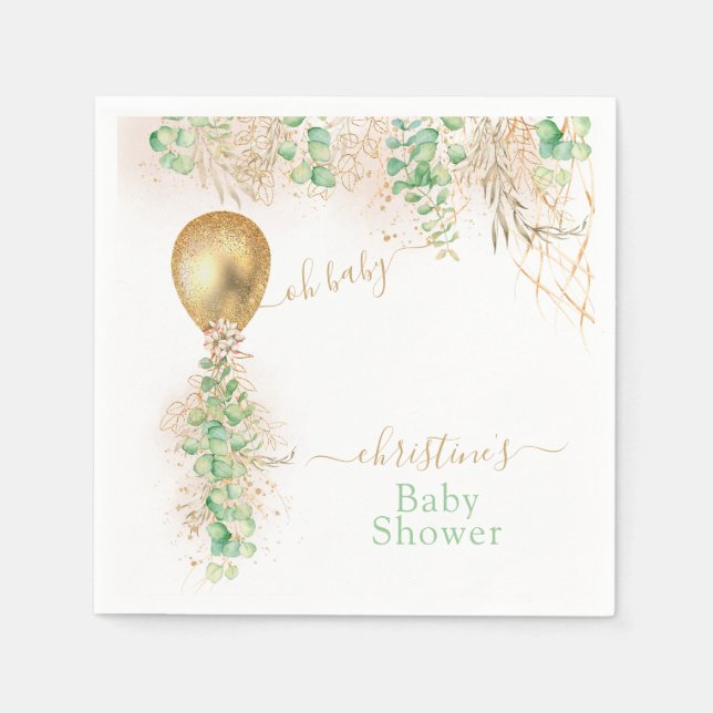 Goldballon Eucalyptus Glitzer Babydusche Serviette (Vorderseite)