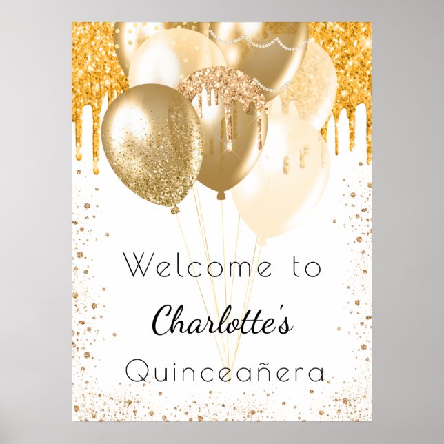 Goldballons aus Quinceanera-Glitzer willkommen Poster (Vorne)