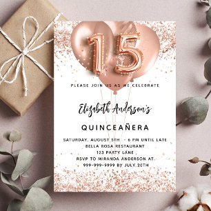 Goldballons der Quinceanera-Rose Einladungspostkarte