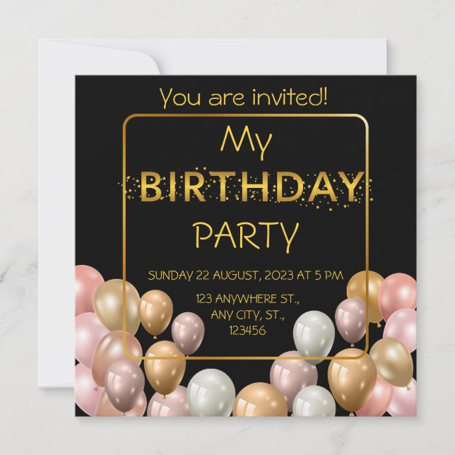 Goldballons. Eleganter Geburtstag Einladung (Vorderseite)