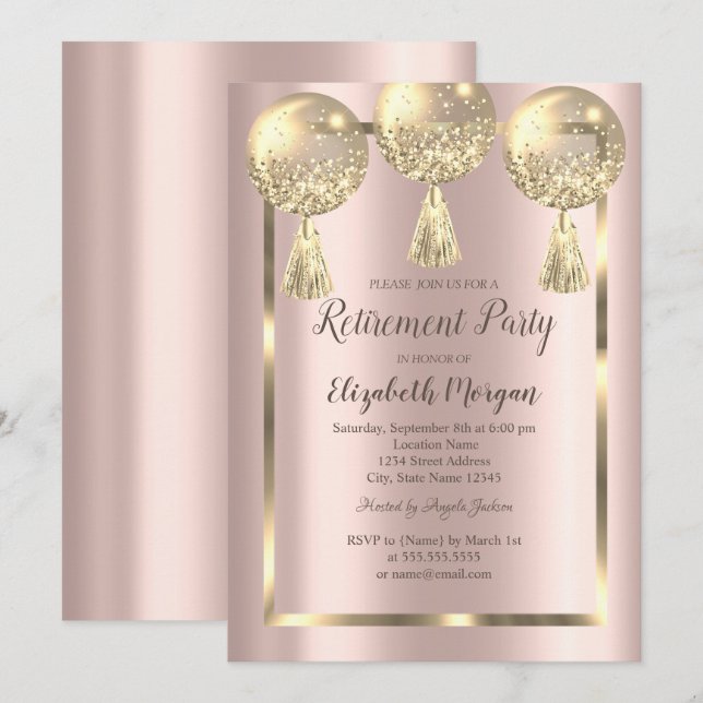Goldballons, Rahmen, Rose Gold, Ruhestand Einladung (Vorne/Hinten)