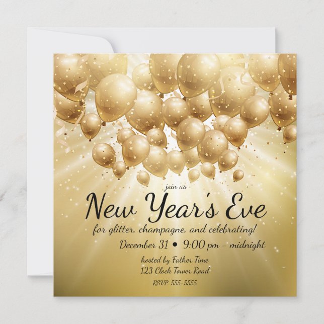 Goldballons und Glitzer Silvester-Party Einladung (Vorderseite)