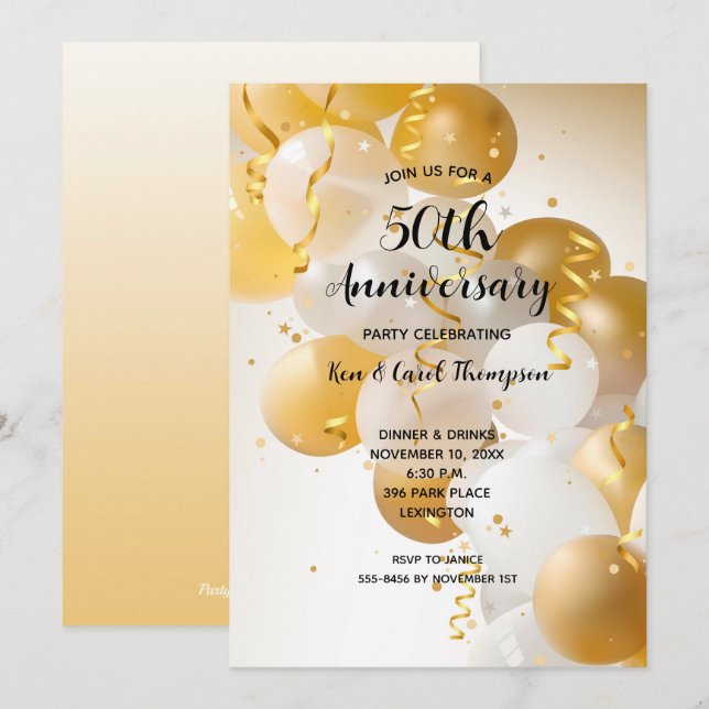 Goldballons zum Hochzeitstag Einladung (Vorne/Hinten)