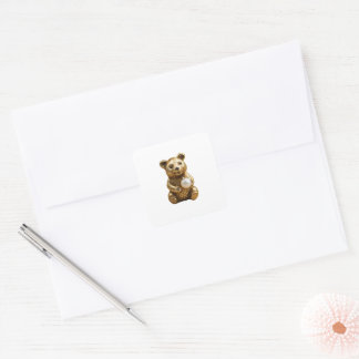 Goldbär mit weißer Perle in den Händen Ohrringe Quadratischer Aufkleber