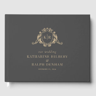 Goldbarock-Wappen Dunkelgraue Monogramm-Hochzeit Gästebuch