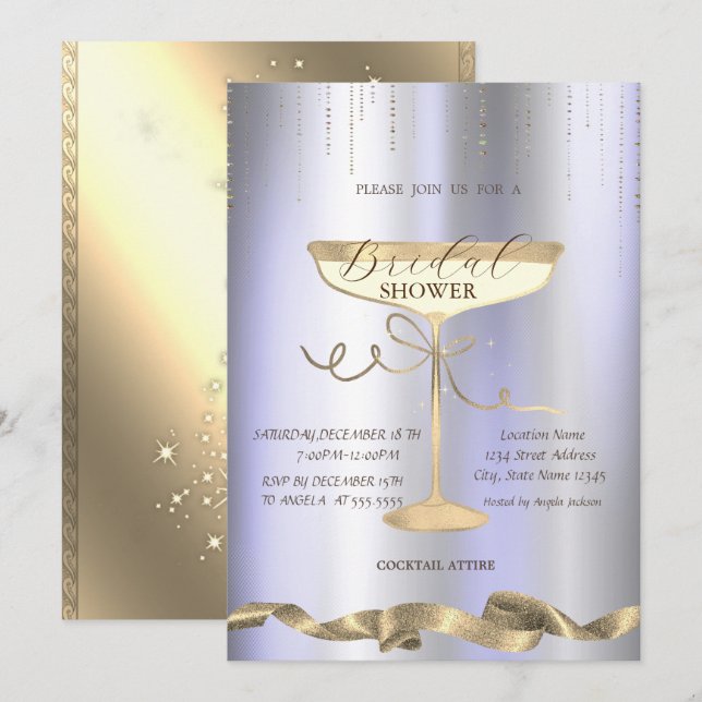 Goldbarren, Glas, Lila Brautparty Einladung (Vorne/Hinten)