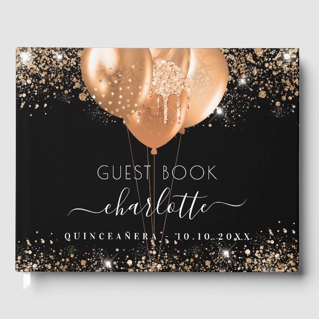 Goldbarren-Glitzer-Ballons Quinceanera Gästebuch (Vorderseite)