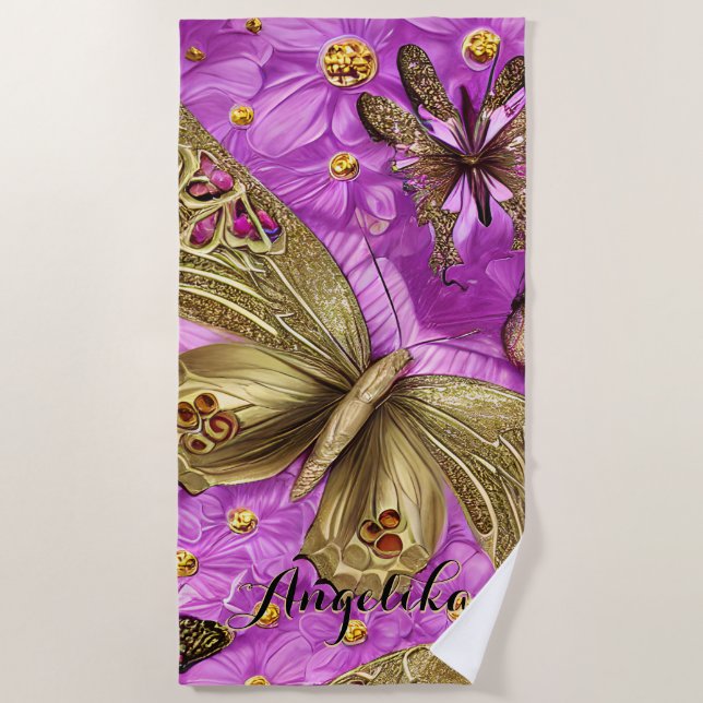 Goldbarren Rosa Blume Personalisierter Name Strandtuch (Vorderseite)