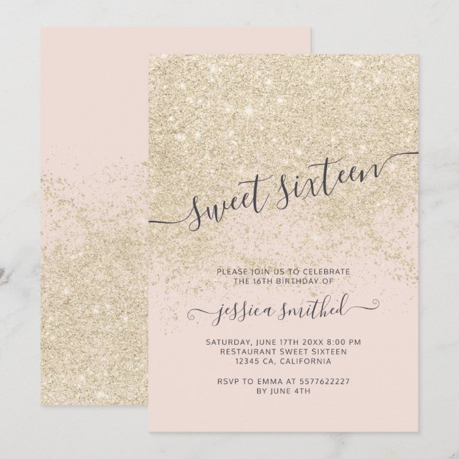 Goldbarsch Glitzer Typografie rot Rosa Süß 16 Einladung (Vorne/Hinten)