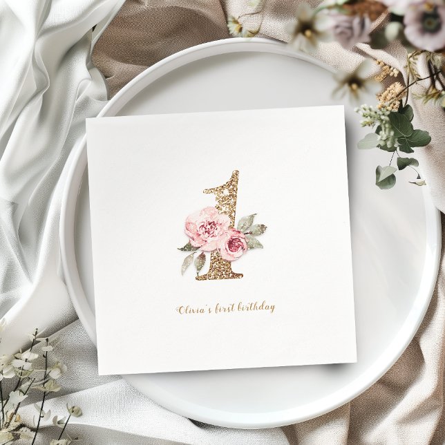 Goldbarsch Glitzer und rosa Blüte 1. Geburtstag Serviette (Sparkle gold glitter and pink floral 1st birthday napkins)