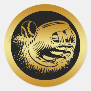 GOLDBASEBALLHANDSCHUH UND BALL RUNDER AUFKLEBER