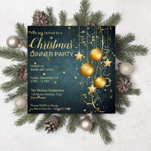 Goldbaubles und Sterne dunkelgrüne Weihnachten aqu Einladung