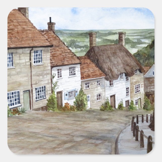 Goldberge, Shaftesbury, Aquarellmalerei Quadratischer Aufkleber (Vorderseite)